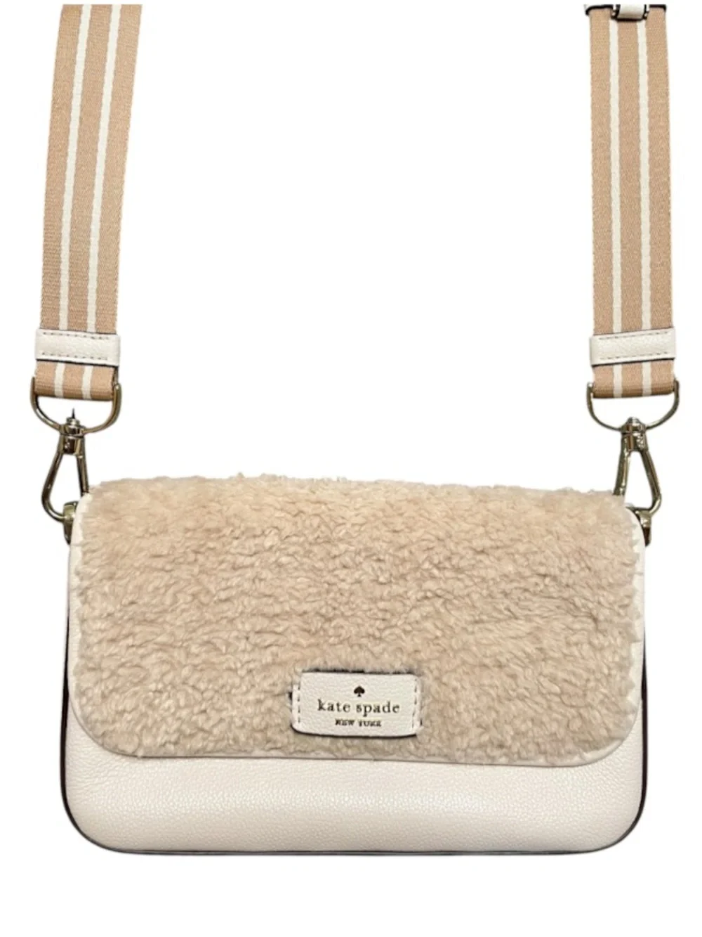 kate spade Cream Shearling & Leather Crossbody with Stripe Strap